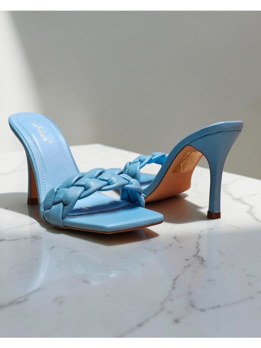 Braided Blue Mule Heels With Square Toe & Stiletto Design - Womens Size
